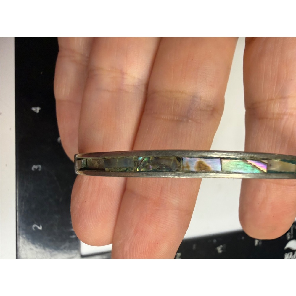 Sterling Silver Abalone Shell Inlay Bangle Bracelet Iridescent Boho Stackable
